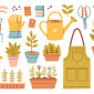 Gummistiefel, Schürze, Hut, Gießkanne und Werkzeug für die Gartenarbeit