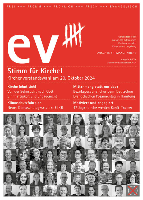 Titelbild ev5 Herbst 2024 - Stimm für Kirche! Kirchenvorstandswahl am 20. Oktober 2024 - Bildcollage der Kandidierenden der Kemptener Kirchengemeinden